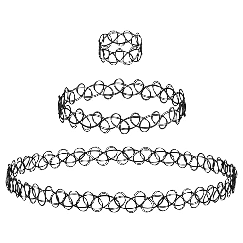 Aleasha 3 stücke Schwarz Stretch Schmuck Set Tattoo Choker Kette Ring Armband Damen Halskette von Aleasha