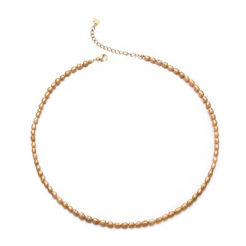 Aleasha 4mm Klein Süßwasserperlen Kette Gold Zierlich Weiß Perle Halskette Damen Handgefertigt Schmuck Geschenke 38+7cm von Aleasha