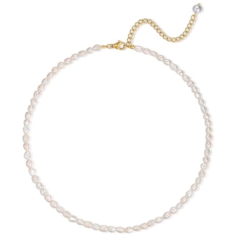 Aleasha Süßwasserperlen Kette 4mm Klein Zierlich Weiß Perle Halskette Damen Handgefertigt Schmuck Geschenke 38+7cm von Aleasha