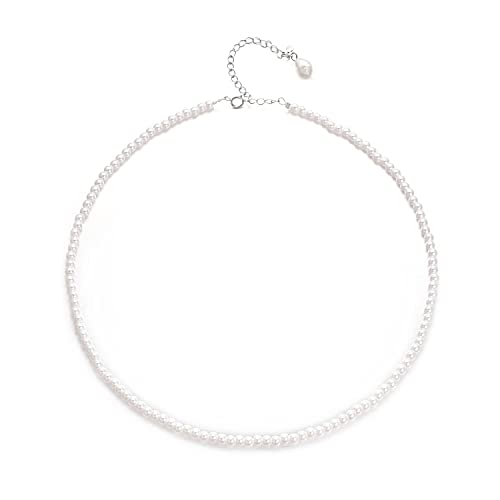 Aleasha 925 Sterling Silber Perlenkette Damen Weiße Perlen Choker Kurze Kette 4mm Hochzeits Schmuck 38+5CM von Aleasha