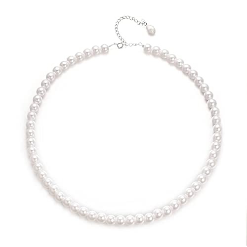 Aleasha 925 Sterling Silber Perlenkette Damen Weiße Perlen Choker Kurze Kette 6mm Hochzeits Schmuck 38+5CM von Aleasha