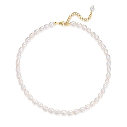 Aleasha 6mm Süßwasserreis Perle Kette Gold Zierlich Weiß Perle Halskette Damen Handgefertigt Schmuck Geschenke 38+7cm von Aleasha