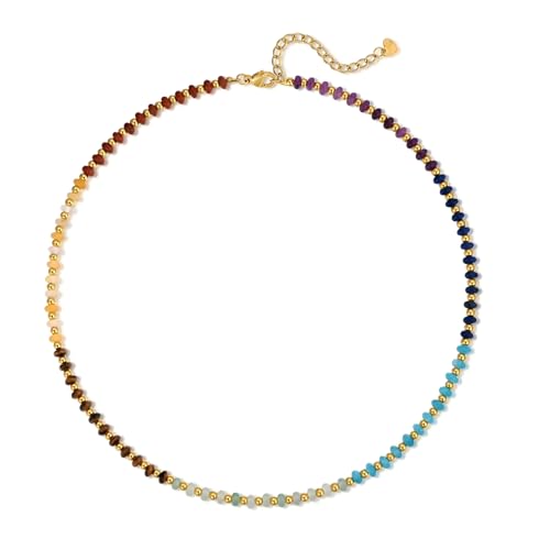 Aleasha Bunte Steine Kette Damen Gold Boho Perlenkette Tigerauge Lapislazuli Amazonit Strand Halskette Edelstahl Handgefertigte Schmuck 40+5cm von Aleasha
