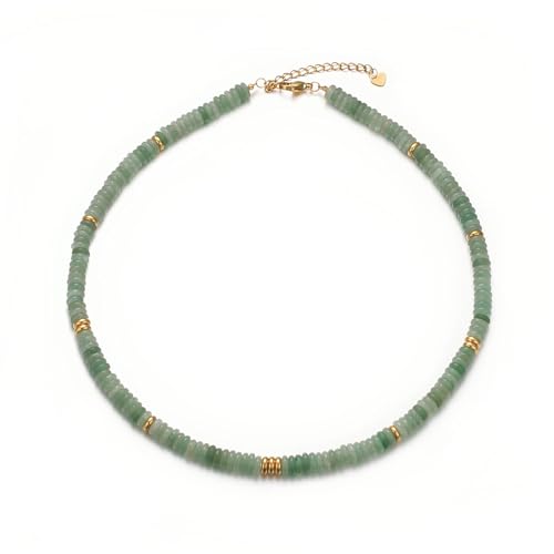 Aleasha Aventurin Jade Halskette Boho Kette Damen Edelstahl mit 6mm Grün Edelstein Handgefertigt Choker für Sommer Strand Schmuck Geschenke 41+6cm verstellbar von Aleasha
