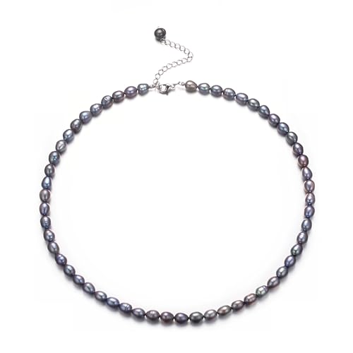 Aleasha Blau Schwarz Süßwasserreis Perle Kette 4mm Perle Halskette Damen Handgefertigt Schmuck Geschenke 38+7cm von Aleasha
