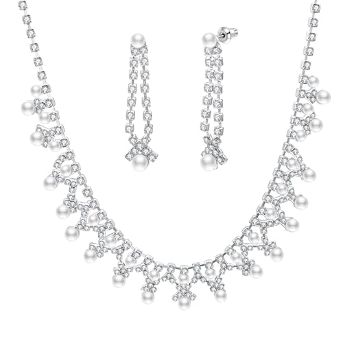 Aleasha Hochzeit Perlenkette Ohrring Set Damen Diamant Schmuck Sets Silber Cubic Zirkonia Halskette Braut Geschenk 37cm von Aleasha