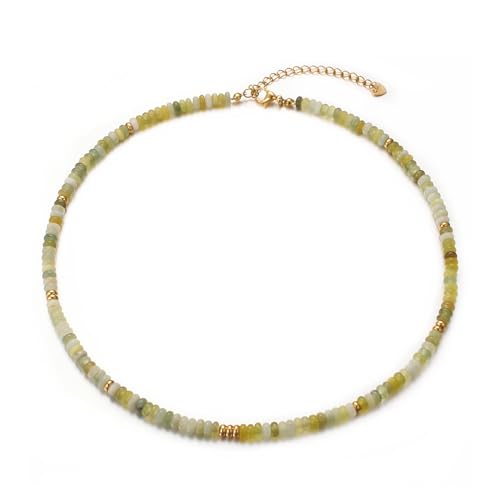 Aleasha Gelbgrüne Xiuyan-Jade Kette 4mm Stein Boho Choker Damen Gold Edelstahl Halskette Handgefertigt Schmuck 38+6cm von Aleasha