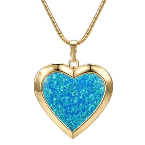 Aleasha Gold Kette mit Foto Bild Blauer Opal Herz Customized Personalisierte Halskette Damen Paar Souvenir Schmuck Groß von Aleasha