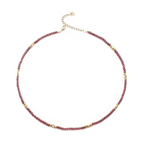 Aleasha Granat Halskette Damen 3mm Boho Strand Kette Edelstahl mit roten Edelstein Halskette Rot 45cm verstellbar Handgefertigt Choker für Sommer Strand Schmuck Geschenke von Aleasha