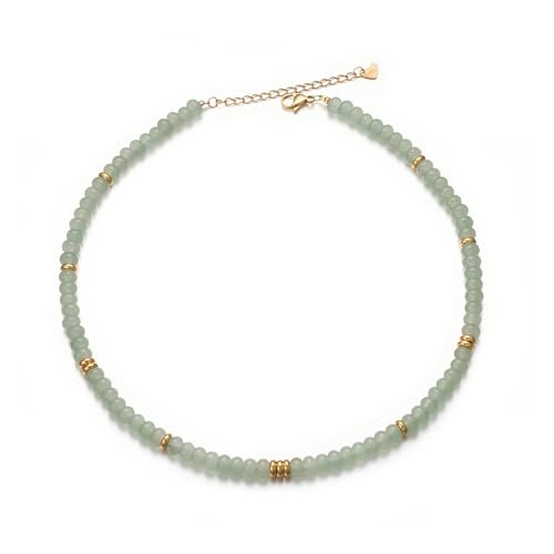 Aleasha Aventurin Jade Halskette Boho Kette Damen Edelstahl mit 6mm Grün Edelstein Handgefertigt Choker für Sommer Strand Schmuck Geschenke 40+5cm verstellbar von Aleasha