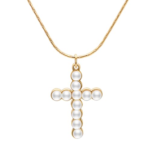Aleasha Kreuz Perlenkette Damen Weiße Perle Anhänger Kreuz Gold Halskette Edelstahl Mädchen Weihnachten Schmuck Geschenk von Aleasha