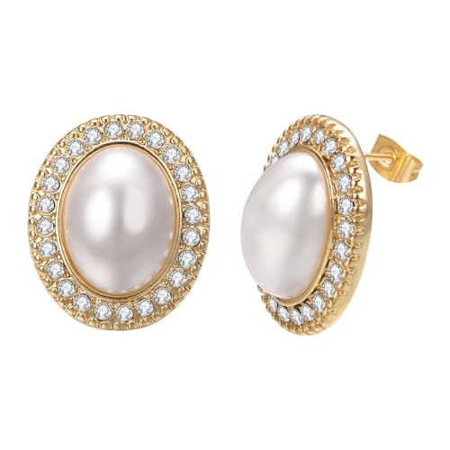 Aleasha Weiße Perle Ohrringe Damen Groß Ovale Mabeperlen Ohrstecker vergoldet Zirkon Hochzeits Schmuck von Aleasha
