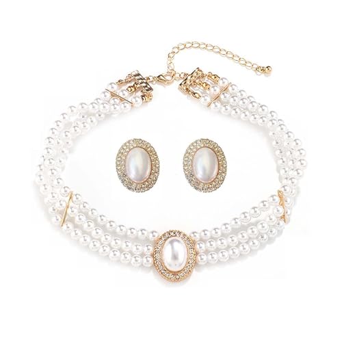 Aleasha Mehrreihige Perlenkette Set Faux Perlen Choker Halskette Ohrringe Damen Perlenkette 3 reihig Gold Hochzeits Schmuck von Aleasha