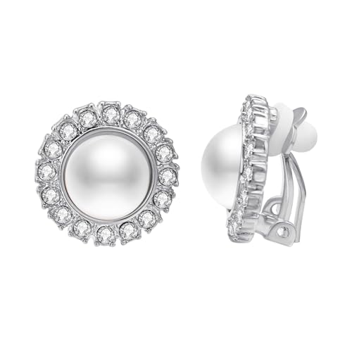 Aleasha Perle Clip Ohrringe Damen Ohrclips Glasperlen Zirkonia Silber Edelstahl Ohrringe Silber Hochzeit Schmuck Durchmesser 16mm von Aleasha
