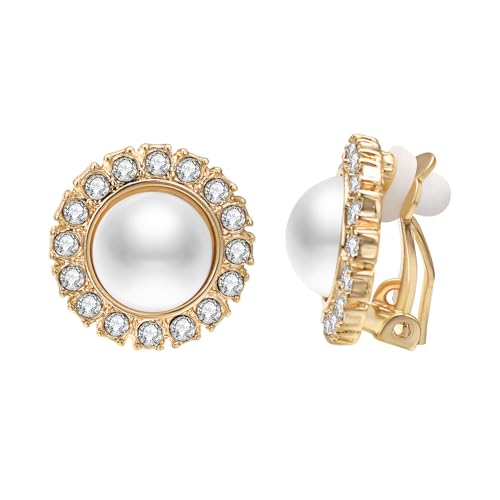 Aleasha Perle Clip Ohrringe Damen Ohrclips Glasperlen Zirkonia Vergoldeter Edelstahl Ohrringe Silber Hochzeit Schmuck Durchmesser 16mm von Aleasha