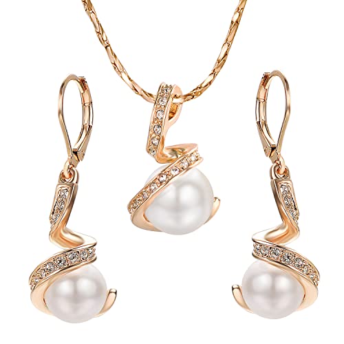 Aleasha Perlenkette Ohrring Set Damen Weiße Perle Anhänger Halskette Gold Schmuck Set Vergoldet Valentinstag 45CM von Aleasha