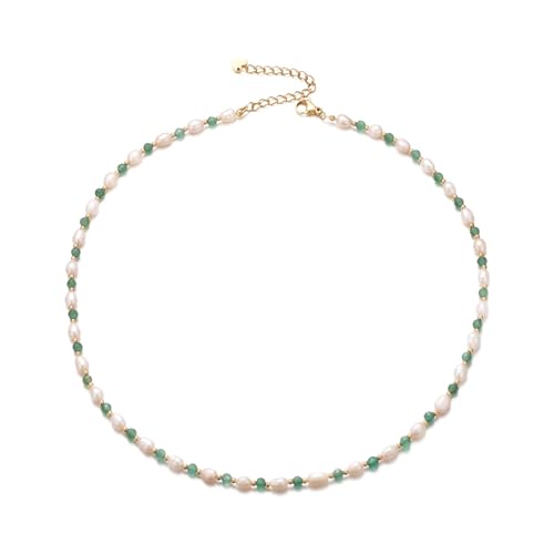 Aleasha Perlenkette Damen Boho Grüner Aventurin Steine Kette süßwasserperlen Strand Halskette Edelstahl Handgefertigte Schmuck 40+5cm von Aleasha