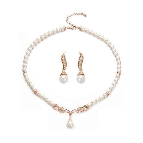 Aleasha Perlenkette Damen Ohrringe Set 6mm Weiß Choker Golden Y Anhänger Perlen Braut Hochzeit Schmuck Geschenke von Aleasha
