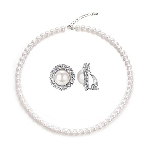 Aleasha Perlen Schmuck Set Damen Weiße Perlenkette Klipp Ohrringe Set Silber Clip Ohrringe Zirkonia Kurze Kette 8mm Hochzeit Bräute Schmuck 45CM von Aleasha