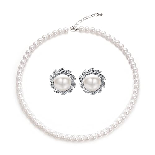 Aleasha Perlen Schmuck Set Damen Weiße Perlenkette Ohrringe Set Silber Ohrringe Blume Zirkonia Kurze Kette 8mm Hochzeit Bräute Schmuck 45CM von Aleasha