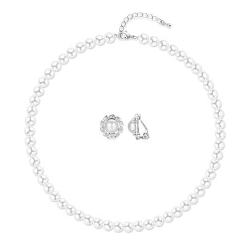 Aleasha Perlen Schmuck Set Damen Weiße Perlenkette Ohrringe Set Silber Ohrringe Blume Zirkonia Kurze Kette 8mm Hochzeit Bräute Schmuck 45CM von Aleasha