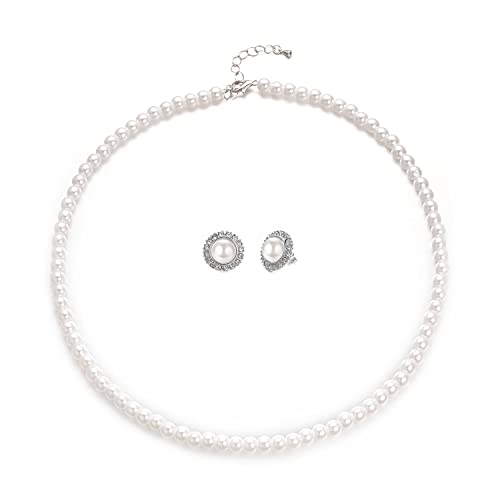 Aleasha Perlen Schmuck Set Damen Weiße Perlenkette Ohrringe Set Silber Ohrringe Zirkonia Kurze Kette 8mm Hochzeit Bräute Schmuck 45CM von Aleasha