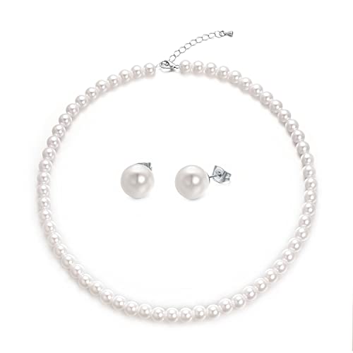 Aleasha Perlen Schmuck Set Damen Weiße Perlenkette Ohrringe Set Silber Kurze Kette 10mm Hochzeit Bräute Schmuck 45CM von Aleasha