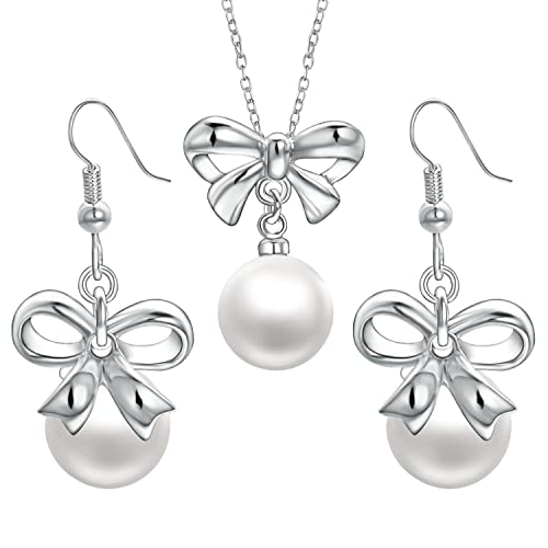 Aleasha Schmetterling Perlenkette Ohrringe Set Damen Silber Weiße Perlen Anhänger Halskette Schmuck Set Braut Hochzeit von Aleasha