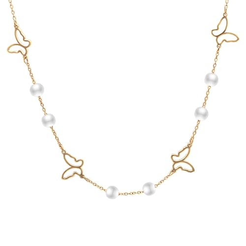 Aleasha Schmetterling Kette Damen Halsketten mit Perle Anhänger Gold Choker Perlenkette Schmuck Handmade Weihnachten Geschenk 40cm von Aleasha