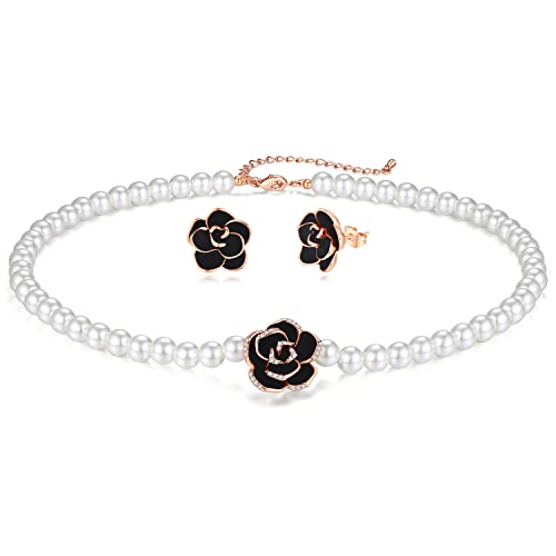 Aleasha Shell Perlekette Ohrringe Set Damen Weiße Perlen Halskette Gold 7mm Perlen Choker Schmuck Set Rose Blume Bräute Hochzeit Geschenke von Aleasha