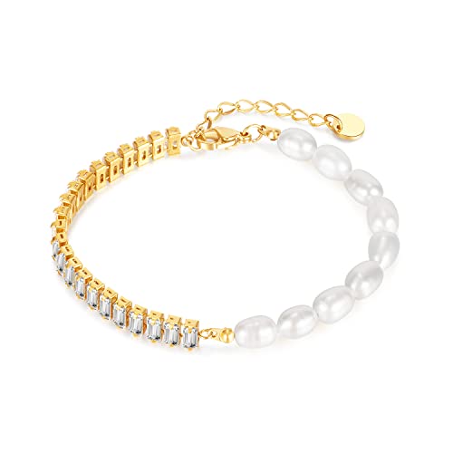Aleasha Süßwasserperlen Armband Gold Cubic Zirkon Tennis Armband Verstellbare Damen Schmuck von Aleasha