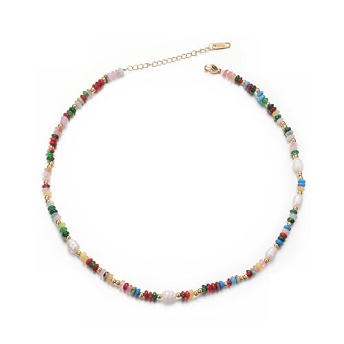 Aleasha Bunte Perlenkette Damen Boho Steine Kette süßwasserperlen Strand Halskette Edelstahl Handgefertigte Schmuck 38+5cm von Aleasha