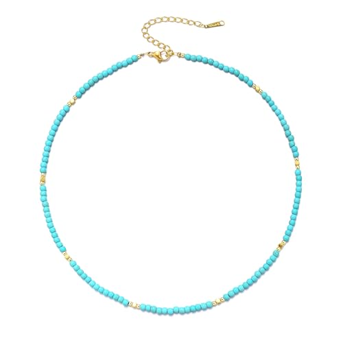 Aleasha Türkis Halskette Damen Gold Boho Kette kurze Choker Edelstahl Perlen Stein Fossil Sommer Strand handgefertigte verstellbare 37cm Schmuck Geschenke von Aleasha