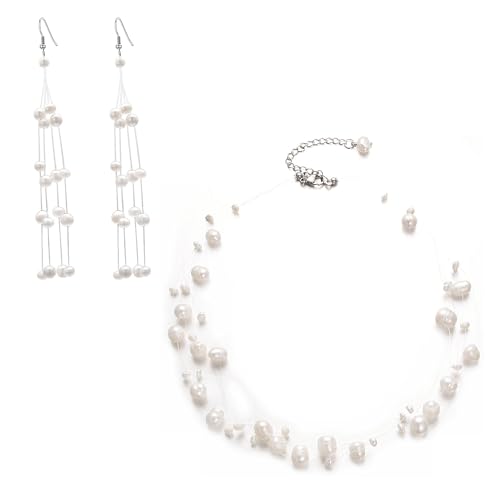 Aleasha Weiß Süßwasser Perle Schmuck Set Perle Choker Multi Layer Perle Halskette Ohrring Set Süßwasser Perle Lange Quaste Ohrringe Frauen Hochzeit Brautgeschenk von Aleasha