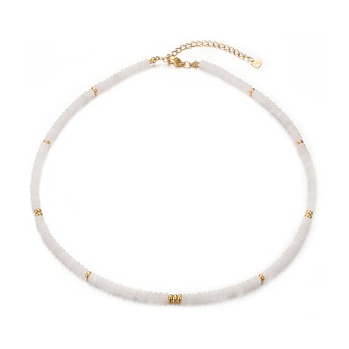 Aleasha Weiße Jade Kette 4mm Stein Boho Choker Damen Gold Edelstahl Halskette Handgefertigt Schmuck 38+6cm von Aleasha