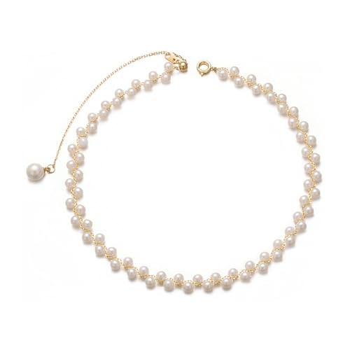 Aleasha Weiße Perlenkette Damen Mehrreihig Faux Pearl Choker 4mm Perlen Halskette Gold Hochzeit Schmuck 30+10cm von Aleasha