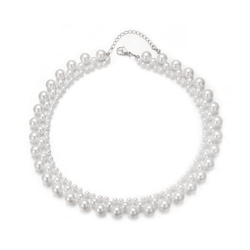 Aleasha Weiße Perlenkette Mehrreihige Glasperlen Halskette Damen Choker Hochzeit Schmuck Geschenke 38cm von Aleasha