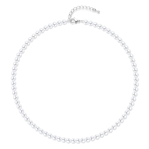 Aleasha Perlenkette herren weiße Glasperlen halskette damen silber 8mm 50cm Schmuck Hochzeits Geschenk von Aleasha