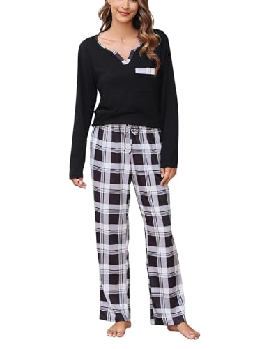 Alebame Schlafanzug Damen Lang Pyjama Set Hausanzug Baumwolle Zweiteiliger Sleepwear Soft Loungewear Hausanzug mit Karierte Hose Elastischer Bund von Alebame