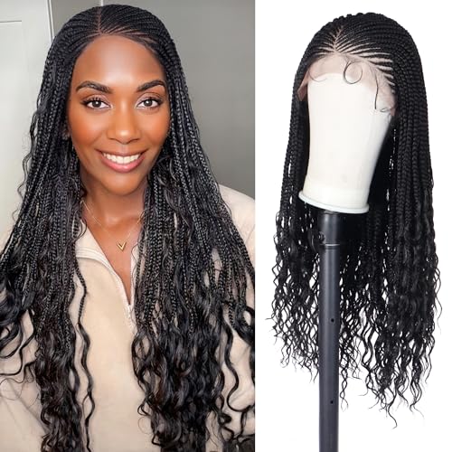Alebery 13 x 6 Hd Lace Front Geflochtene Perücke mit lockigem Ende, Lace-Front-Perücke für schwarze Frauen, leicht, synthetisch, schwarz, Cornrow, geflochtene Perücke von Alebery