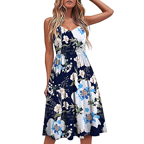 Alecony Ärmellos Trägerkleid Sommerkleid Damen Kleider Sommer Spaghettiträger Knielang Strandkleider Boho Kurz V Ausschnitt Swing Tank Cover Up Kleid Mit Taschen Freizeitkleid Blusekleider von Alecony