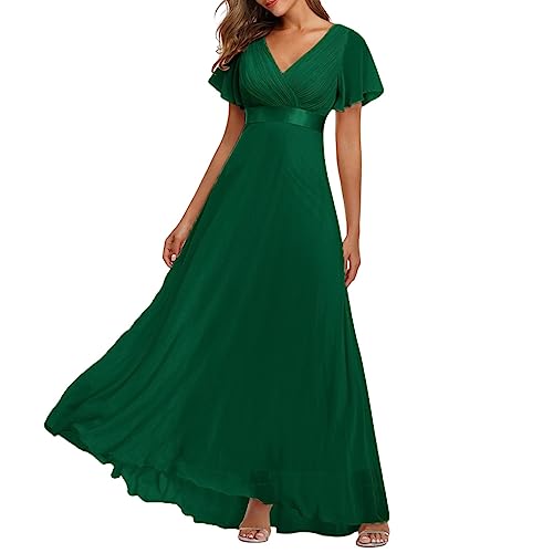 Alecony Abendkleid Damen Lang Elegantes Modisches Ballkleid Einfarbiges Tüllkleid Ärmelloses Cocktailkleid mit V-Ausschnitt Fließendes Swing Kleid Bodenlanges langes Maxikleid Partykleid Sommerkleid von Alecony