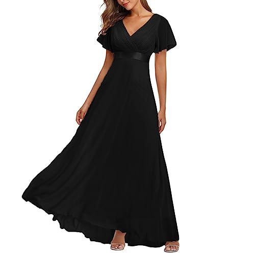 Alecony Abendkleid Damen Lang Elegantes Modisches Ballkleid Einfarbiges Tüllkleid Ärmelloses Cocktailkleid mit V-Ausschnitt Fließendes Swing Kleid Bodenlanges langes Maxikleid Partykleid Sommerkleid von Alecony