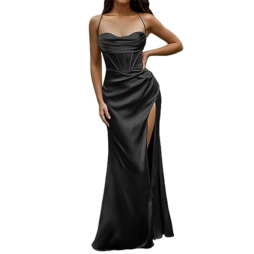 Alecony Abendkleider Elegant für Hochzeit Abschlusskleid Ballkleider Damen Kleider Lang Cocktailkleid A-Linie Satin Spaghetti Party Prom Maxi Dress Schlitz Brautkleid Festkleider (2-Black, S) von Alecony