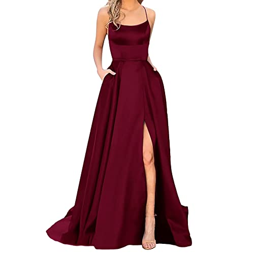 Alecony Abendkleider Elegant für Hochzeit Abschlusskleid Ballkleider Damen Kleider Lang Cocktailkleid A-Linie Satin Spaghetti Party Prom Maxi Dress Schlitz Brautkleid Festkleider mit Taschen von Alecony