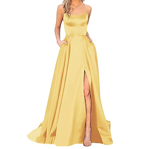 Alecony Abendkleider Elegant für Hochzeit Abschlusskleid Ballkleider Damen Kleider Lang Cocktailkleid A-Linie Satin Spaghetti Party Prom Maxi Dress Schlitz Brautkleid Festkleider mit Taschen von Alecony