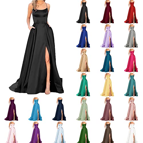 Alecony Abendkleider Elegant für Hochzeit Abschlusskleid Ballkleider Damen Kleider Lang Cocktailkleid A-Linie Satin Spaghetti Party Prom Maxi Dress Schlitz Brautkleid Festkleider mit Taschen von Alecony