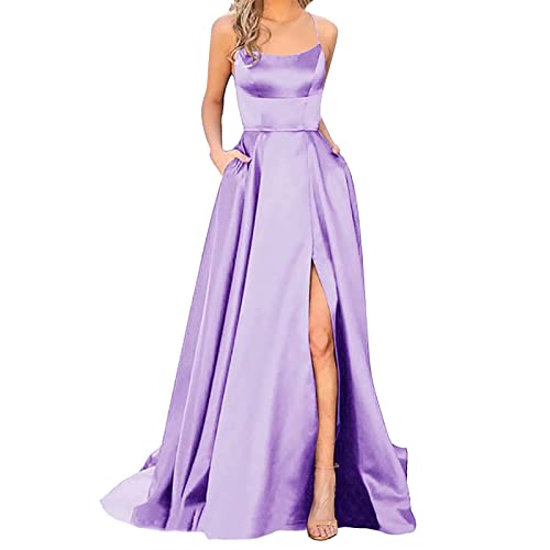 Alecony Abendkleider Elegant für Hochzeit Abschlusskleid Ballkleider Damen Kleider Lang Cocktailkleid A-Linie Satin Spaghetti Party Prom Maxi Dress Schlitz Brautkleid Festkleider mit Taschen von Alecony