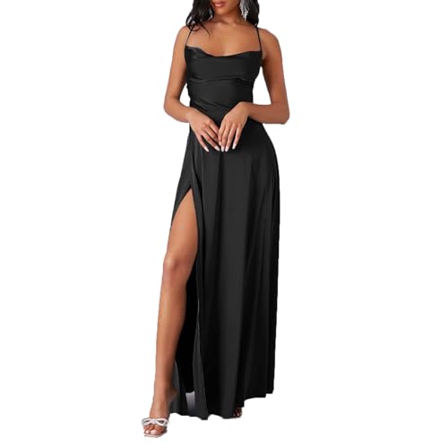 Alecony Ballkleider Damen Cocktailkleid Elegant Rückenfrei Kleider Spaghetti Party Abendkleid Seitenschlitz Hochzeit Festtagskleid Straps Lange Kleid Abschlusskleider Abendkleider (5-Black, S) von Alecony