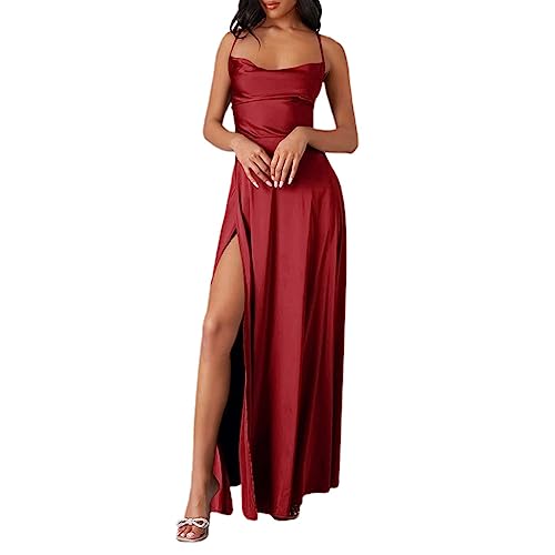 Alecony Ballkleider Damen Cocktailkleid Elegant Rückenfrei Kleider Spaghetti Party Abendkleid Seitenschlitz Hochzeit Festtagskleid Straps Lange Kleid Abschlusskleider Abendkleider (5-Red, S) von Alecony